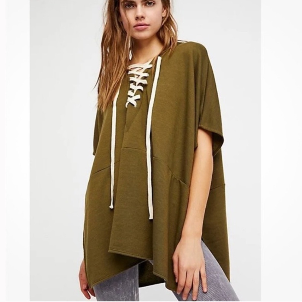 Free People Green Power Play Hooded Pullover Poncho Sweatshirt One Size